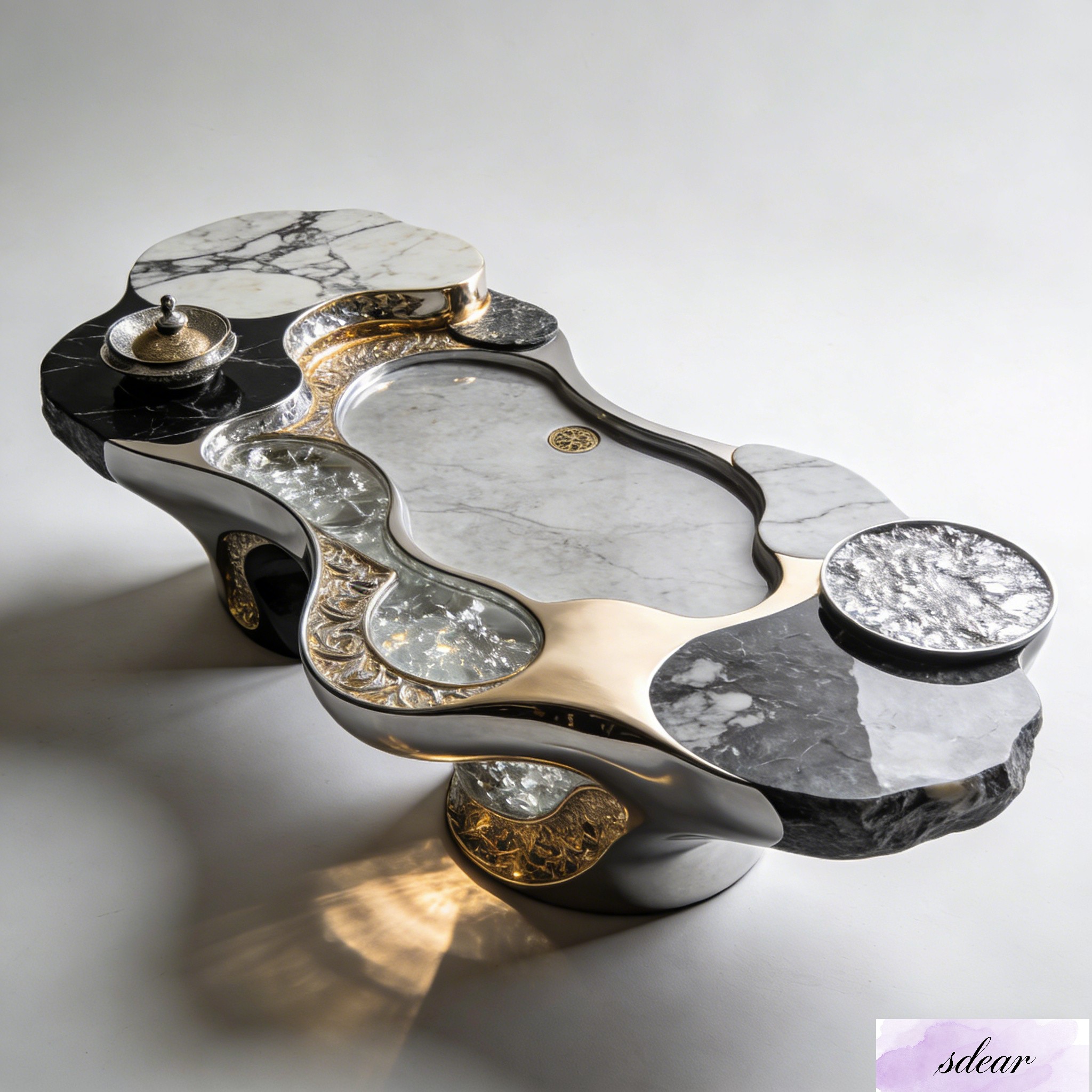 Wave Pattern Stone Rhythm Art Tea Table – Organic Sculptural Design with Mixed Black and White Marble, Polished Silver Metal, Gold Foil Inlay and Crystalline Glass Elements for Luxury Tea Ceremony