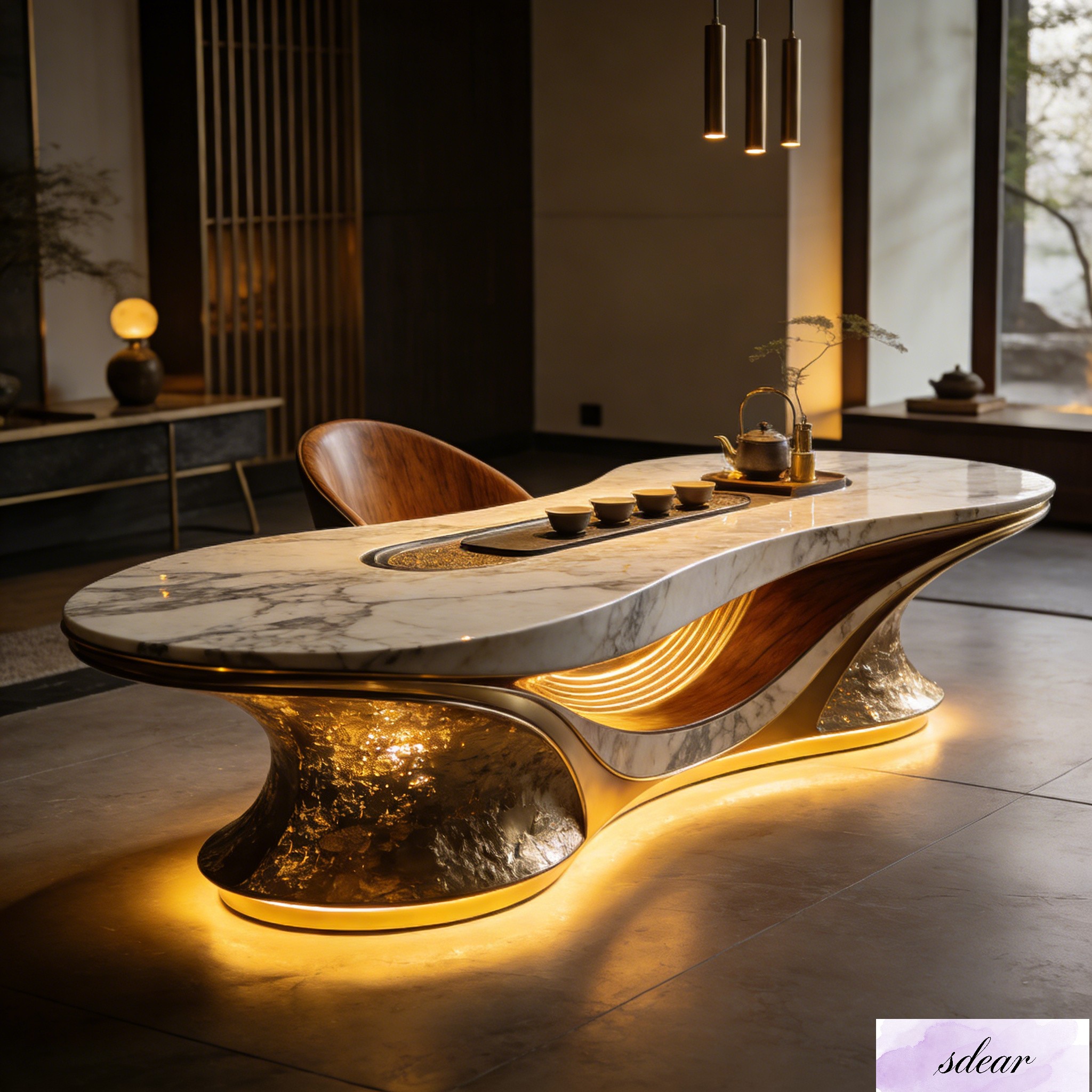 Flowing Light Mountain-Water Sculpture Tea Table – Curved Marble Top with Golden Illuminated Base, Integrated LED Lighting and Premium Wood Accents for Modern Oriental Luxury Interior